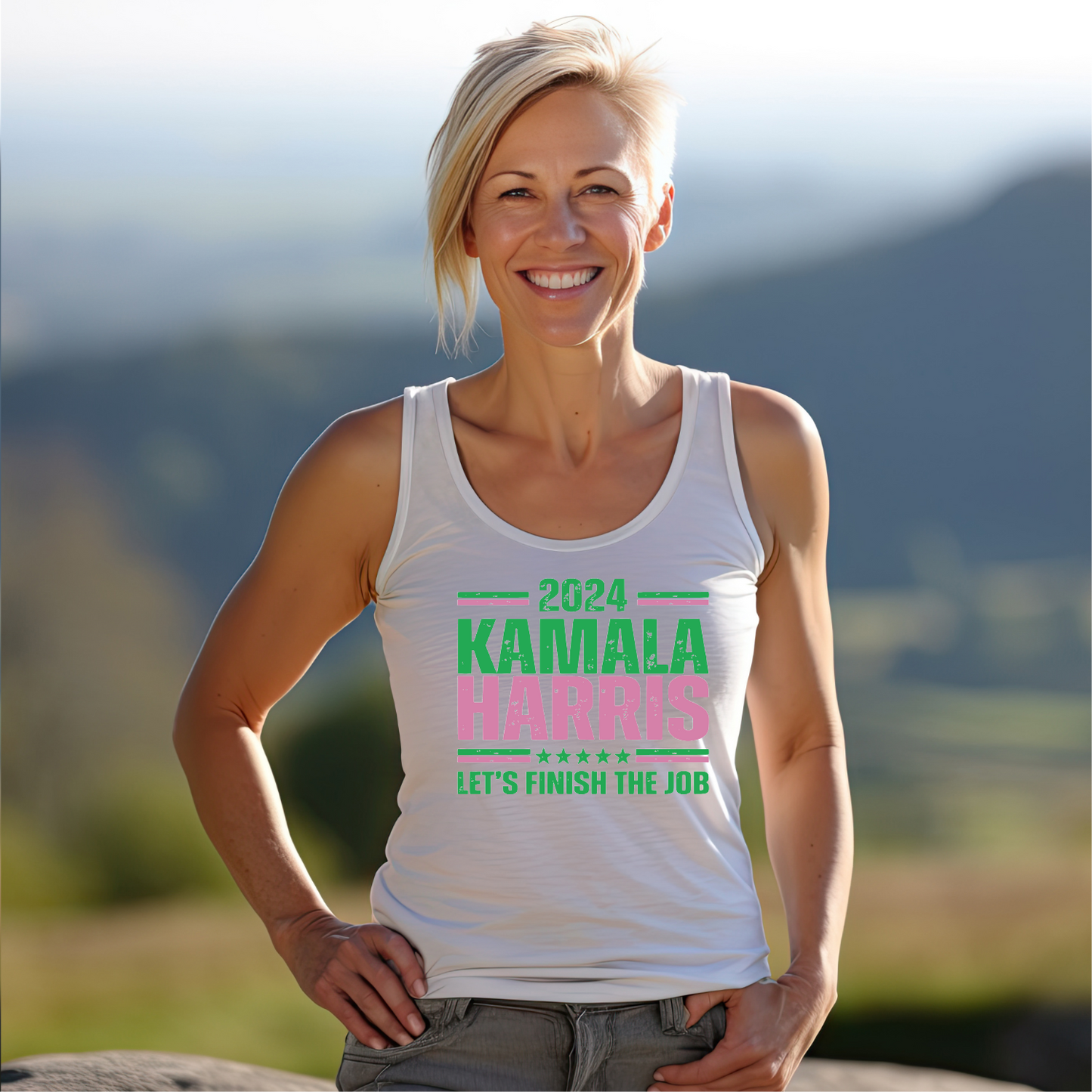 Kamala Harris Lets Finish The Job Ladies Racerback Tank