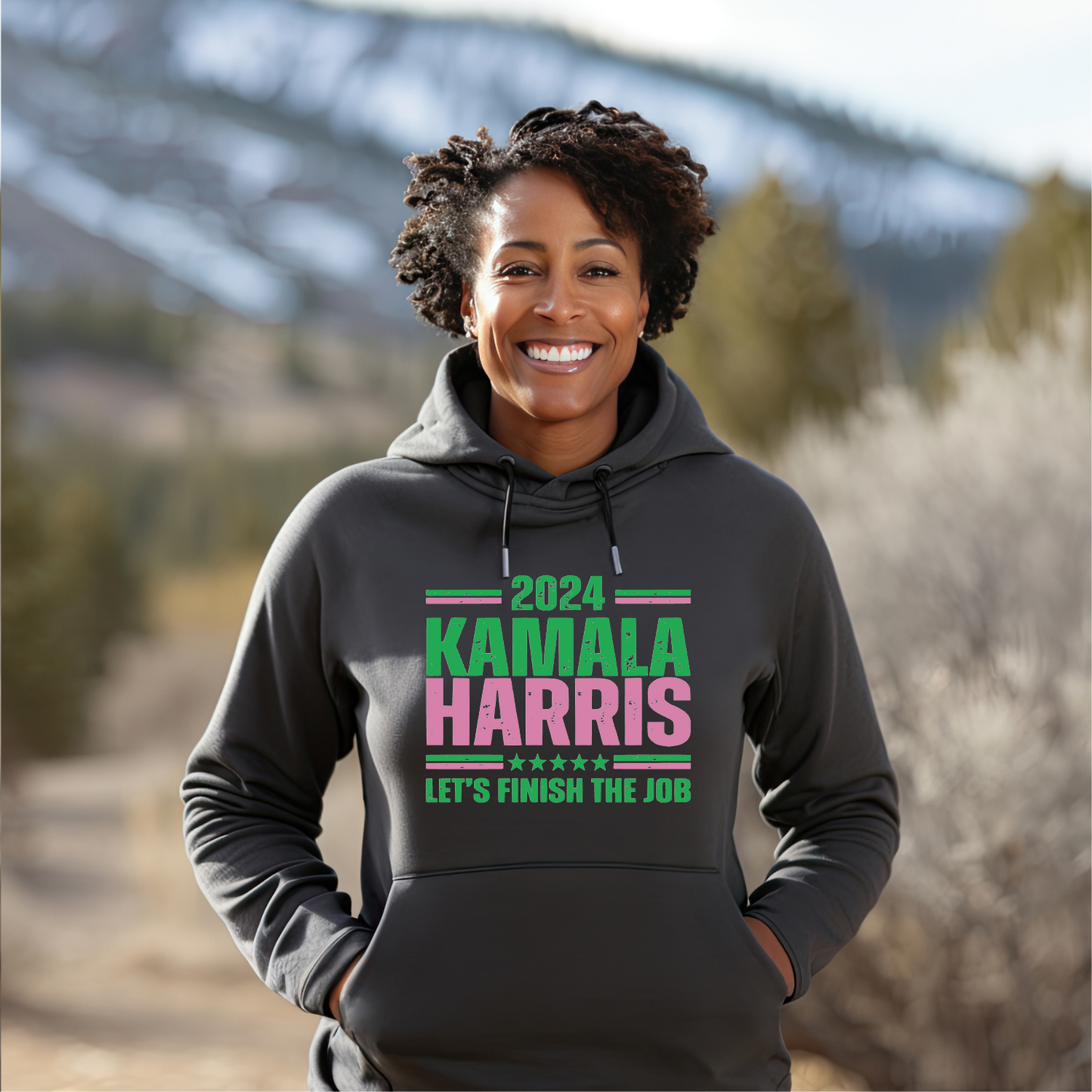 Kamala Harris Lets Finish The Job green and pink Gildan 18500 Hoodie